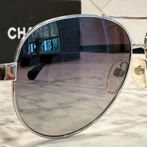 Chanel Silver Frame with Black Leather Arm Sunglasses - Picture 10 of 16